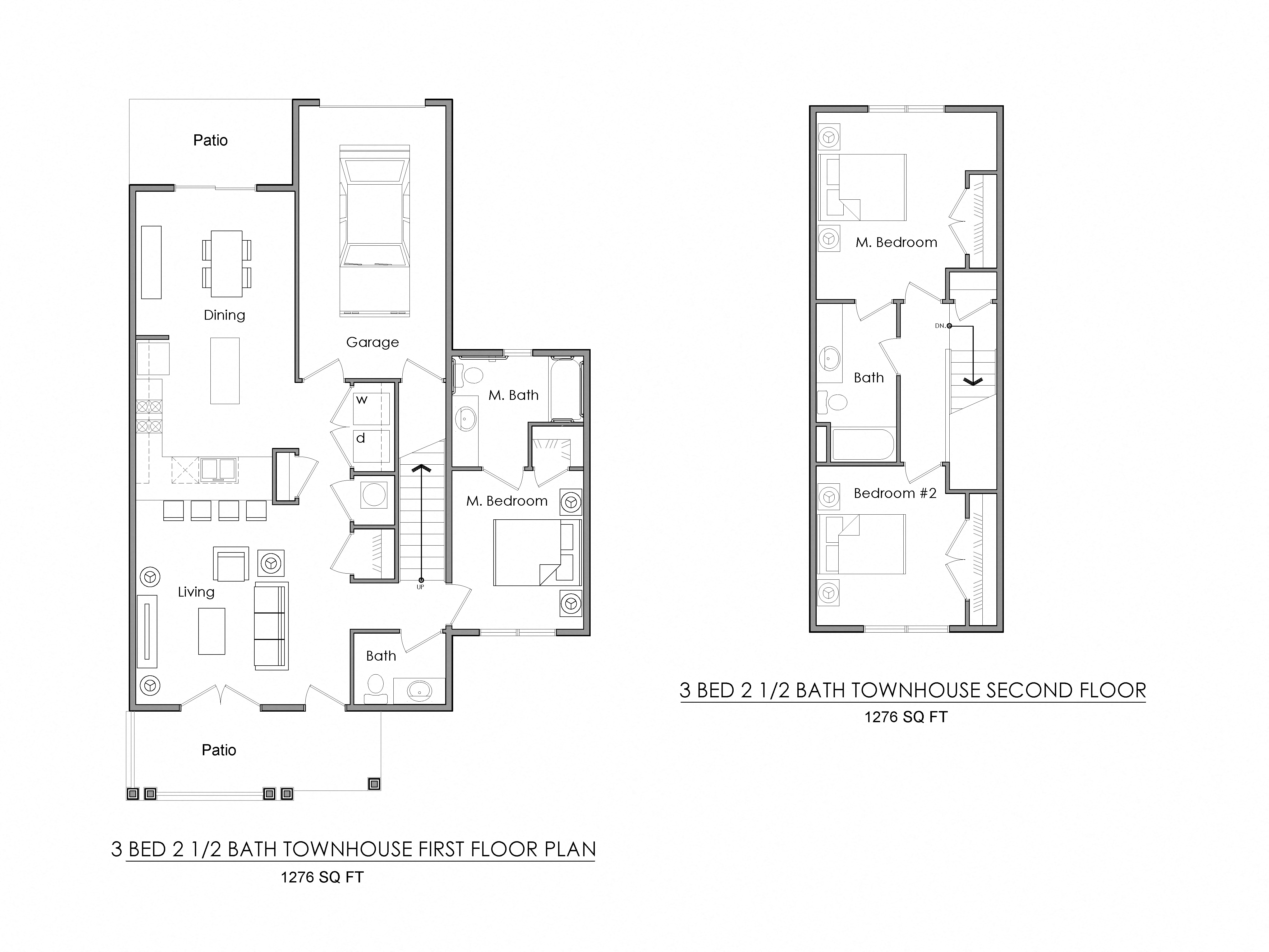 Floor plan for 3 beds, 2.5 baths, 1276 sqft